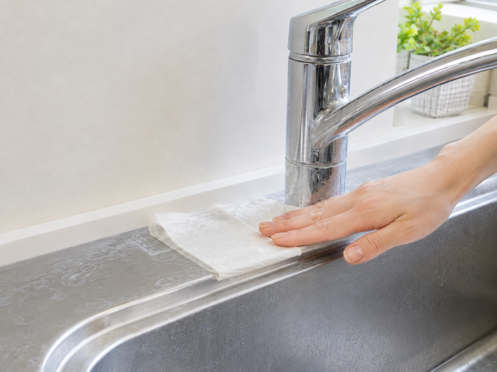 蛇口の根元の水垢にキッチンペーパーを当てて掃除している様子