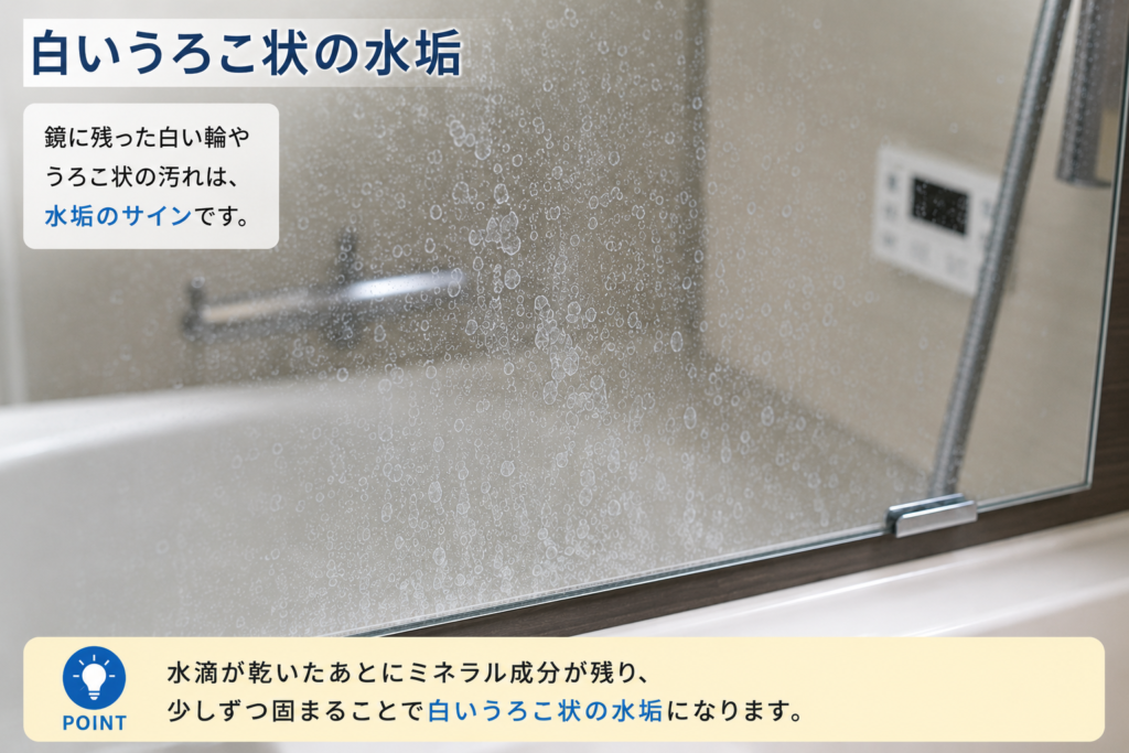 浴室の鏡に付いた白いうろこ状の水垢