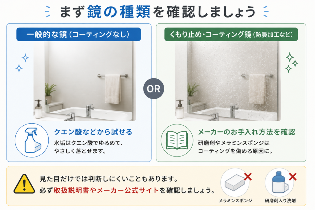 水垢掃除前に一般的な鏡とくもり止めコーティング鏡の種類を確認する方法