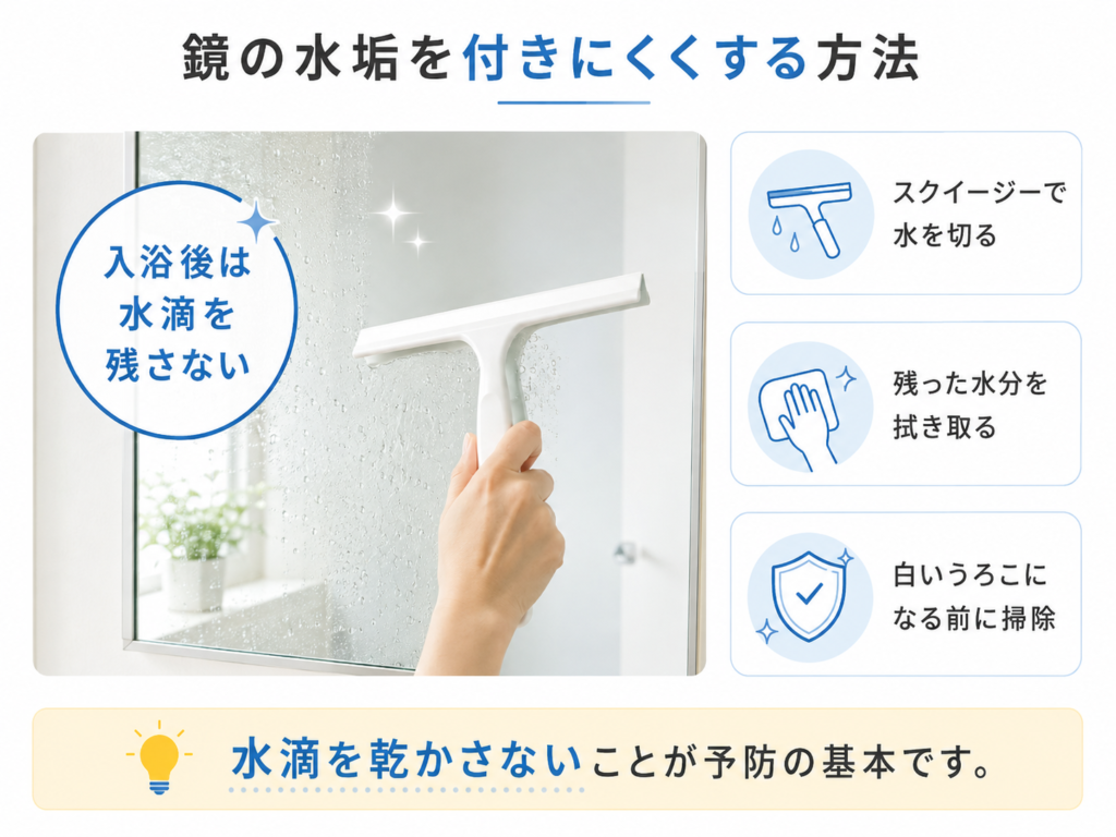 スクイージーで鏡の水滴を落として水垢を付きにくくする方法