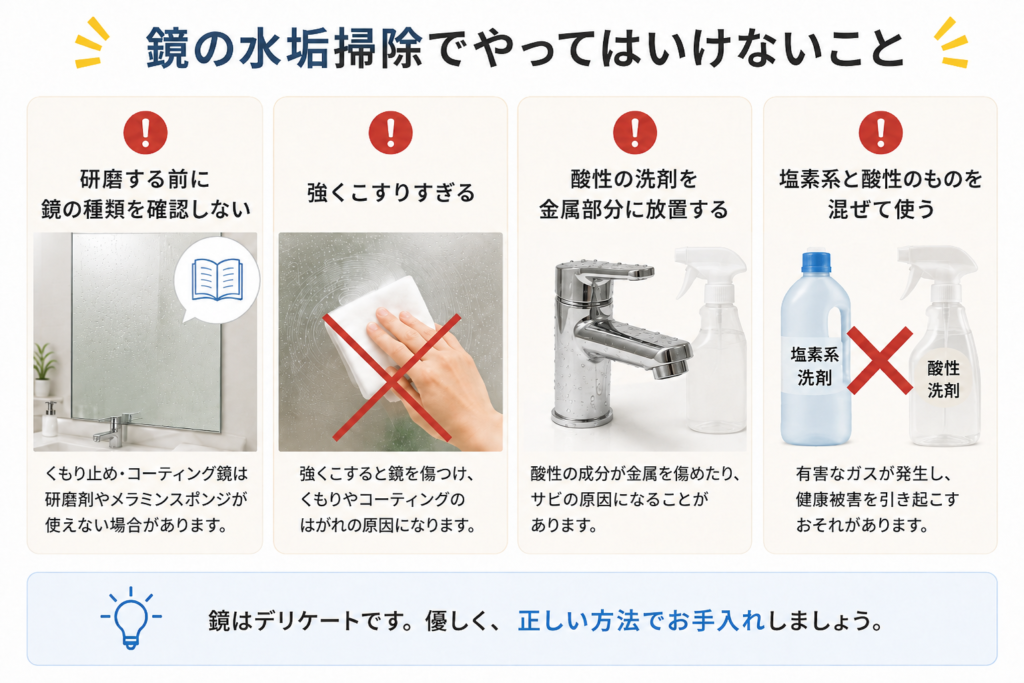 鏡の水垢掃除で避けたい研磨・強くこする・酸性洗剤の放置・洗剤の混合